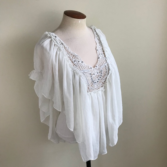 Free People Tops - Free People Bohemian White Chiffon Flowy Top